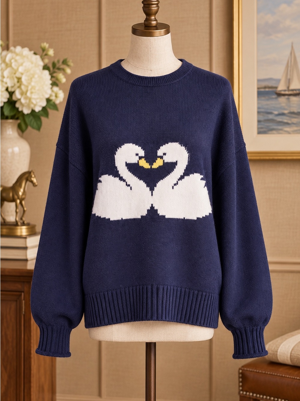 Wishlist Navy Swan duo intarsia graphic Crewneck Sweater NWT